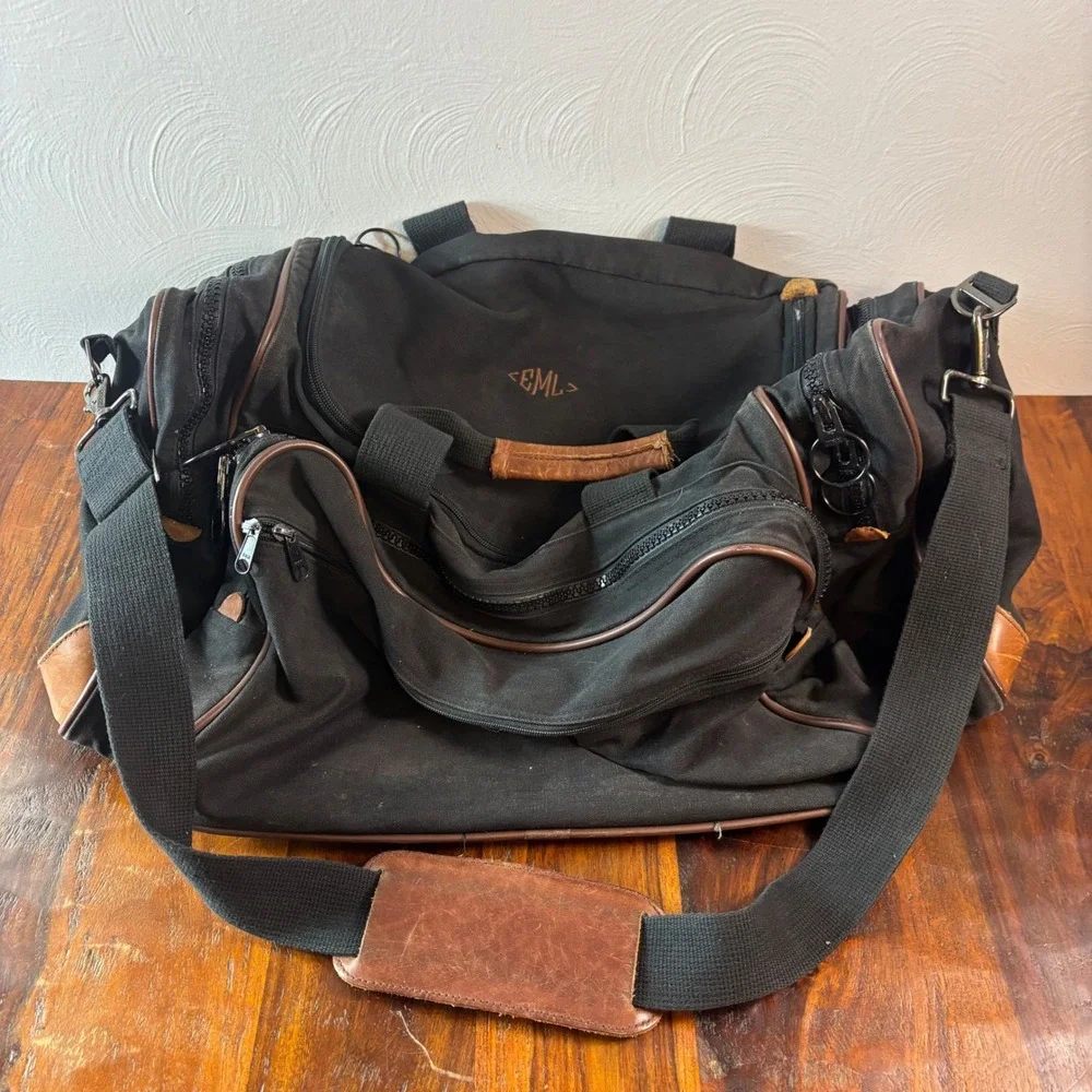 Vintage Lands End Black Canvas Leather Trim Duffle Bag Made in USA Monogram EML